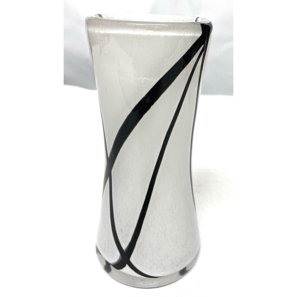 Hand Blown Art Glass Vase Mottled White w/Black Swirl